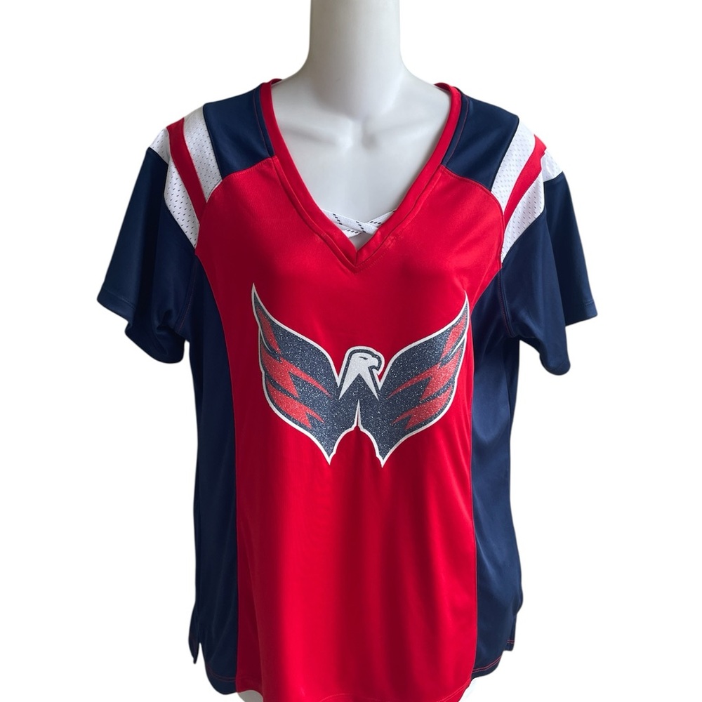 NHL Washington Capitals Women Athena Lace-Up Top Red Navy Short Sleeves Med New